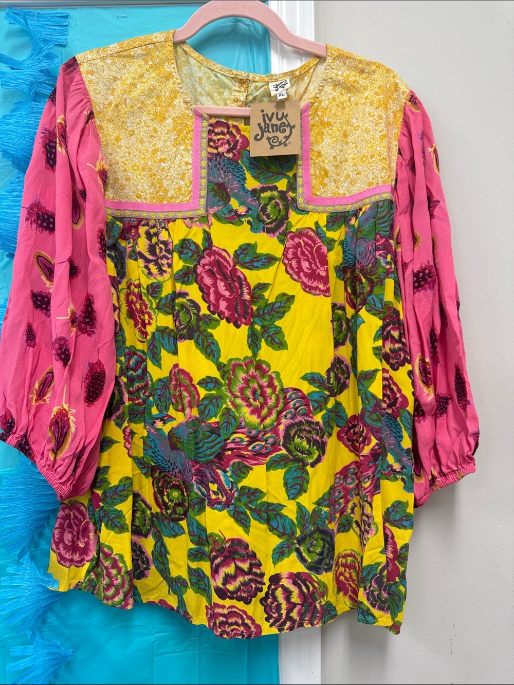 ivy jane Yellow Floral Mixed-Print Peasant Top with Pink Sleeves